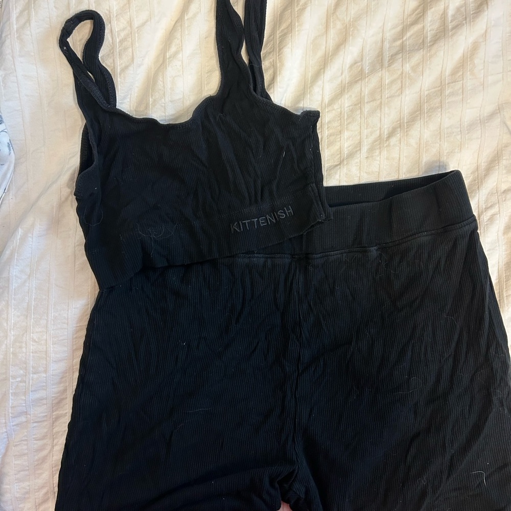 Kittenish Midnight Black Ribbed Pajama Set